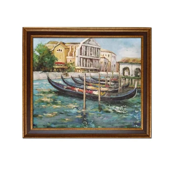 В златна рамка-Модерният домашен интериор, Стенно изкуство, ръчно рисувани, Класически ИМПРЕСИОНИЗЪМ, Пейзаж с Венецианска лодка, Живопис с маслени бои върху платно