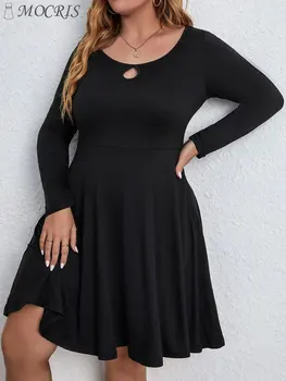 Жена ежедневното памучно рокля с изрезки, елегантни и красиви вечерни черни летни рокли с дълъг ръкав, по-големи размери