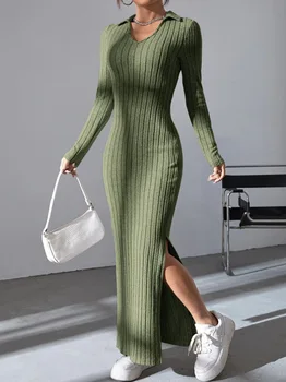 2024 Пролетно-Лятно Трикотажное рокля Slim Fit, Модерни Дневни Женствена Рокля С Ревера И Дълги ръкави В Вдлъбната Ивица, Однотонное Дълга рокля