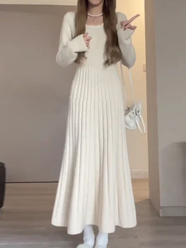 Crochet дълги рокли, дамско есенно-зимния рокля-пуловер с дълъг ръкав, женски Корейското модерен елегантен Сладко коварен плиссированное рокля, жена
