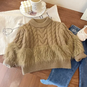Crochet пуловери за момичета, есен-зима, детски кожени якета, връхни дрехи за малките момичета, детски кожа пуловер, пуловер от 7 години