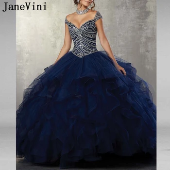 JaneVini 2019 Елегантен Тъмно синьо Буйни Рокли, Бални Рокли С V-образно деколте, Тежки Мъниста, Къдри, Буйни Тюлевые Рокли на Принцеси, Vestidos 15