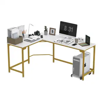 L-образна кът бюро за компютър Офис работно място Модерна дървена домашен работния плот на бюро за лаптоп - бял със златна рамка