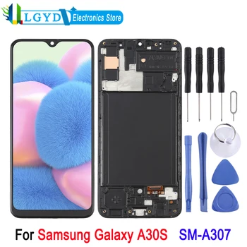OLED LCD екран с рамка за Samsung Galaxy A30S SM-A307, LCD дисплей и цифров преобразувател, пълен монтаж, дубликат част за подмяна