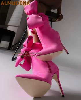АЛМУДЕНА, Розови Велурени Ботильоны цвят Фуксия С Голям Лък На висок ток, Остър чорап, Обувки дантела с Пеперуда и възел, Сватбени Модела обувки