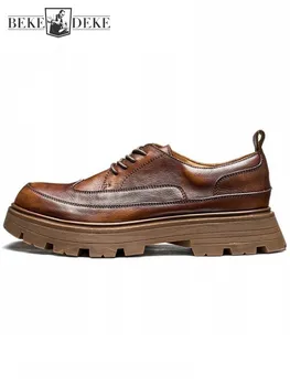 Бизнес Ежедневни мъжки модела обувки в британския стил в стил ретро, На платформата, дантела, Работни Товарни Обувки, Офис Мъжки Дерби от естествена кожа