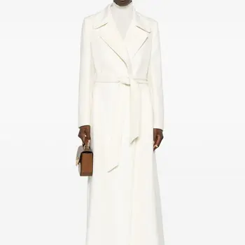 Бяло однотонное женски вълна палто, модерно зимно топло палто с колан 12134