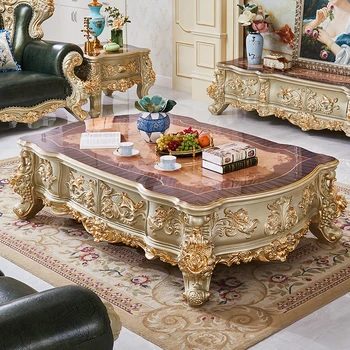 Вила в европейски стил централната маса от масивно дърво, мебели за хола, мебели от масивен дъб резбовани златна луксозна комбинация на централната маса и шкаф за телевизор