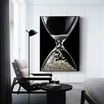 Времето е пари Мотивирующий стенен плакат и печат върху платно, Стенни художествена картина Долар в пясъчен часовник Изображение офис стая Начало декор