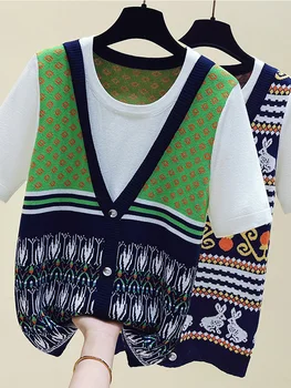 Годишният Корейски Ретро Вязаный пуловер на райета, Пуловер, Дамски блузи с къс ръкав и кръгло деколте, Ежедневни Модни Дамски скок 2023