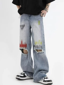 Градинска облекло YIHANKE, Реколта Скъсани дънки в процеса на боядисване, мъжки широки панталони в стил хип-хоп с висока талия и намаляване на директни дънкови панталони в стил ретро