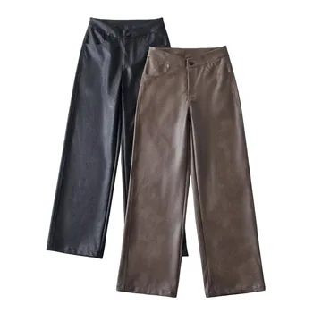Дамски есенни панталони от изкуствена кожа в американския ретро стил с ниска талия, Преки, Свободни, с цип, Дълги панталони, Модерни панталони в стил Мото