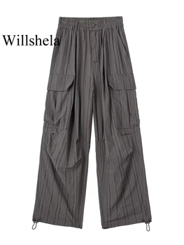 Дамски модни Willshela с джобове Сива плисирани панталони-карго джоб отпред, реколта шик дамски панталони с висока талия