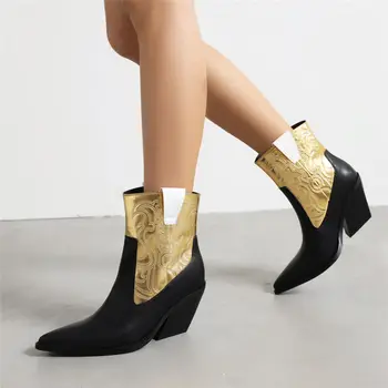 Дамски обувки Gnazhee, големи размери 43, каубойски боти на високо квадратен ток, без закопчалка с остри пръсти в западен стил