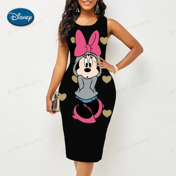 Дамски рокли с принтом Disney с Мики Маус 2023, винтажное дебнещ рокля в стил мозайка с принтом без ръкави, с дължина до коляното, vestidos elegantes
