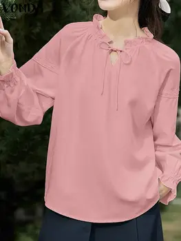 Дамски туника, Летни блузи 2023 г., Елегантна однотонная блуза VONDA, женски богемные ежедневните свободни ризи с дълъг ръкав, Широки блузи