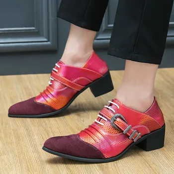 Дизайнерски червени Луксозни мъжки обувки на висок ток, сватбени елегантни мъжки модел обувки, Кожени официални високи обувки с остри пръсти, мъжки sapato social