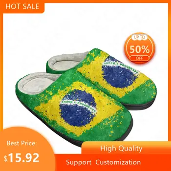 Домашни памучни чехли с Бразилски флаг, обичай, Мъжки Дамски сандали, Плюшен ежедневни обувки за спални, водене жив топлина, Топлинни чехли