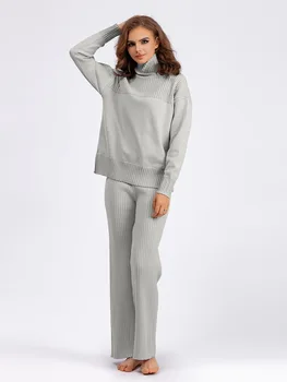 Есенно-зимни дамски комплекти-двойки, однотонная вязаная поло, свободен пуловер, Модни прости ежедневни универсални широки панталони