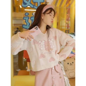 Жена пуловер Harajuku в елегантен стил, топ Y2k с бродерия хубаво заек, вязаный жилетка с V-образно деколте, сладък пуловер Sueter Mujer