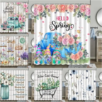 Завеса за душ с пролетни цветя, акварелни ботанически листа, интериор на баня в стил рустик, модерен минимализъм, роза, камион, маргаритка, пеперуда