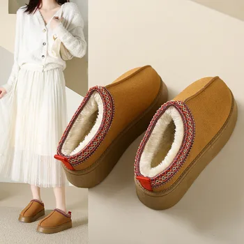 Зимни нови дамски кадифе топли чехли Baotou на дебела подметка без шипове, ежедневни зимни обувки в стил ретро
