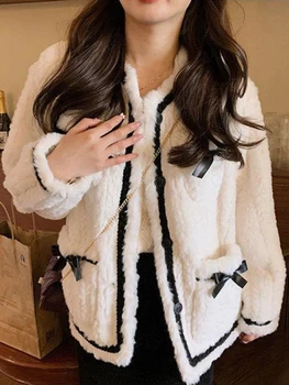 Зимните флисовые палта, дамски Реколта яке от овча вълна в стил Мозайка с хубав нос, на Корейското модно Однобортное палто с дълъг ръкав
