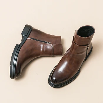 Кафяви класически Мъжки обувки С висок берцем в Британския стил, Зимни Кожени Къси ботуши, Универсални мъжки Ежедневни обувки На Дебела Подметка