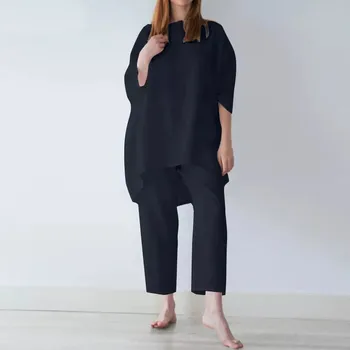 Комплект от две части, дамски дрехи, 2023, Обикновен кръгъл отвор, обикновен ръкав, Ежедневни панталони с асимметрией, дамски комплекти от 2 теми