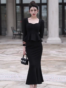 Корейски модерен Женски Черен Ретро комплект от 2 теми, дамски дрехи, елегантни блузи с квадратна яка, риза, блуза и дълга пола, елегантен комплект