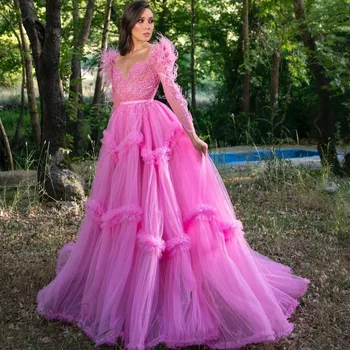 Луксозна вечерна рокля KSDN, Розова рокля за бала, Дълъг ръкав, апликации от пера във формата на сърце, Органза, Красиви дамски рокли за официални събития