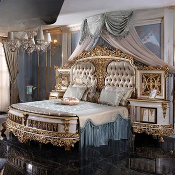 Луксозна европейска двойно легло, 2 м, френска придворная сватбена легло от масивно дърво, голяма начало легло вили.