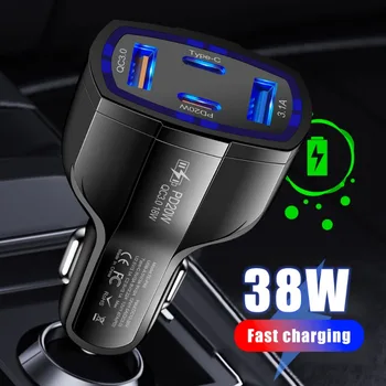Мини Зарядно за Кола 4в1 38 W Зарядно Устройство За Мобилен Телефон 2USB + 2PD Бързо Зареждане на Автомобилен Крик за iPhone Samsung Auto Fast Charging