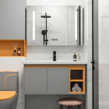 Модерен минималистичен огледален шкаф за баня-Комбиниран Керамичен Умивалник Тоалетка за баня с мивка Мебели за баня