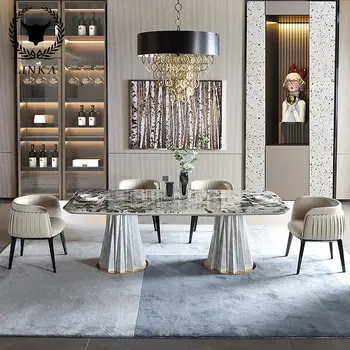 Модерен, светъл маса за хранене от луксозен мрамор, нови правоъгълна маса и стол за ориз от масивно дърво, луксозни мебели