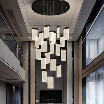 Модерна кристален led полилей, Черно окачен тавана лампа за стълби Хол Луксозни Квадратни Вътрешна Дълги Домашни висящи лампи