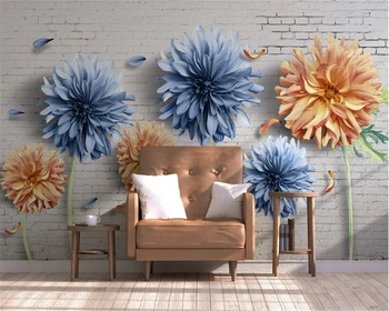 модни тапети beibehang прости 3D хризантеми, бели тухлени стени носталгия цветя и зеленчуци, на фона на телевизор 3D тапети