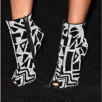 Новите черно-бели ботильоны с отворени пръсти с геометричен кристаллизмом, обувки-лодка на висок ток с кристали, дамски официални обувки