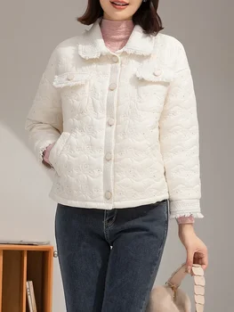Ново зимно палто за жени 2023 модно свободно, за отслабване, с однобортным квадратна яка, къс яке с памучна подплата
