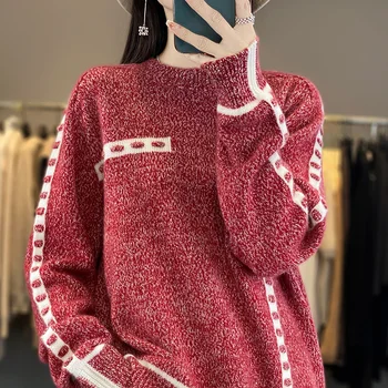 Новост 2023, женски вязаный пуловер с кръгло деколте от 100% чиста вълна, с дълъг ръкав, дамски пуловер, удобни и свободен през есента и зимата