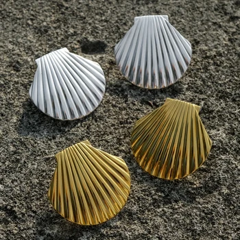 Реколта обеци-карамфил от 18-каратово злато с големи черупки, Отличителен геометрични Метални тенденция плажни бижута, Големи обеци-капки