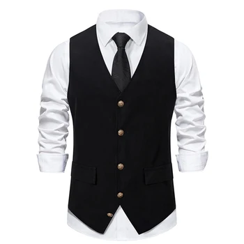 Ретро жилетка в ретро стил, мъжки бизнес топ копчета, Карирани сватбен Елегантен всекидневен костюм и блузи без ръкави с V-образно деколте.