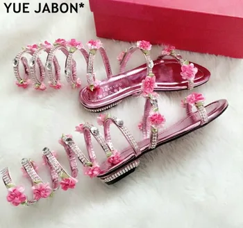 Розово-бели луксозни летни сандали-за ролята на държавата в едно цвете; дамски сандали на равна подметка с змеиным модел в стил пънк С кристали; дамски сандали на равна подметка; обувки за сватбени партита