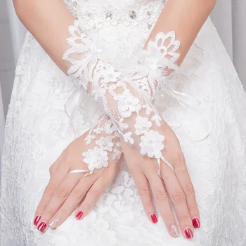 Сватбени Ръкавици Свързани с Декор на Бели Дължина, Украсена с Перли, Сватбени Ръкавици Без Пръсти