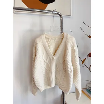 Случайни топ с дълъг ръкав, вязаный Свободен пуловер с V-образно деколте, Корейски, модни топове с дърворезба 2023, однобортные пуловери-жилетки