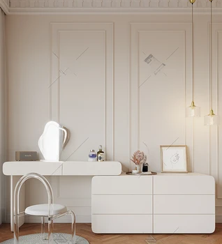 Френски тоалетка с огледало и шкафове, вградена спалня, модерен минималистичен френски крем шкаф за съхранение на wind