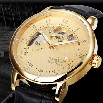 Часовник Winner Мъжки Часовник-Скелетоны Луксозни Златни Механични Ръчни Часовници С Ръчно От Мъжка Кожена Каишка Relogio Masculino Reloj Hombre