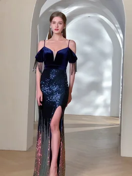 Черна вечерна рокля за бретелях, женствена Секси дълга рокля с пайети 2022, водещата на Годишното събрание, Дълга рокля за банкет