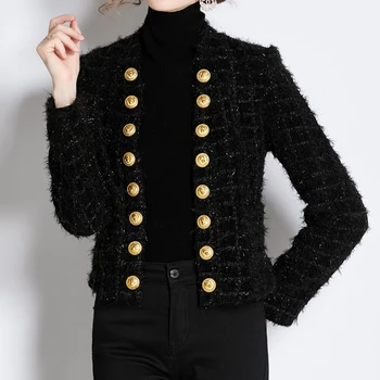 Черни елегантни сака, дамски реколта палто с кръгло деколте в златни пуговице, есенни двубортные бизнес луксозни сака, зимни дамски