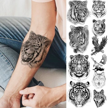 Черни Реалистични Временни татуировки във формата на Главата на Тигъра За мъже Възрастен Орел, Вълк Фалшива Татуировка на Уникален Боди-Арт Татуировка с пренасяне на вода Стикер